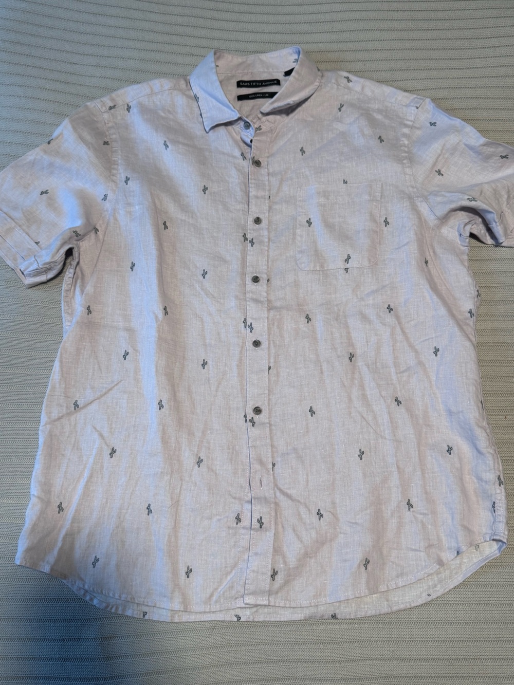 Gray Short-Sleeve Button-Up Shirt with Cactus Print - Linen